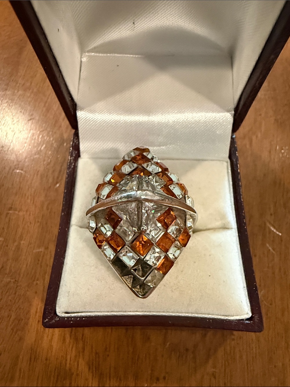 Crystal and Orange Silver-Tone Statement Ring Size 10 Damaged *Missing 4 stones*